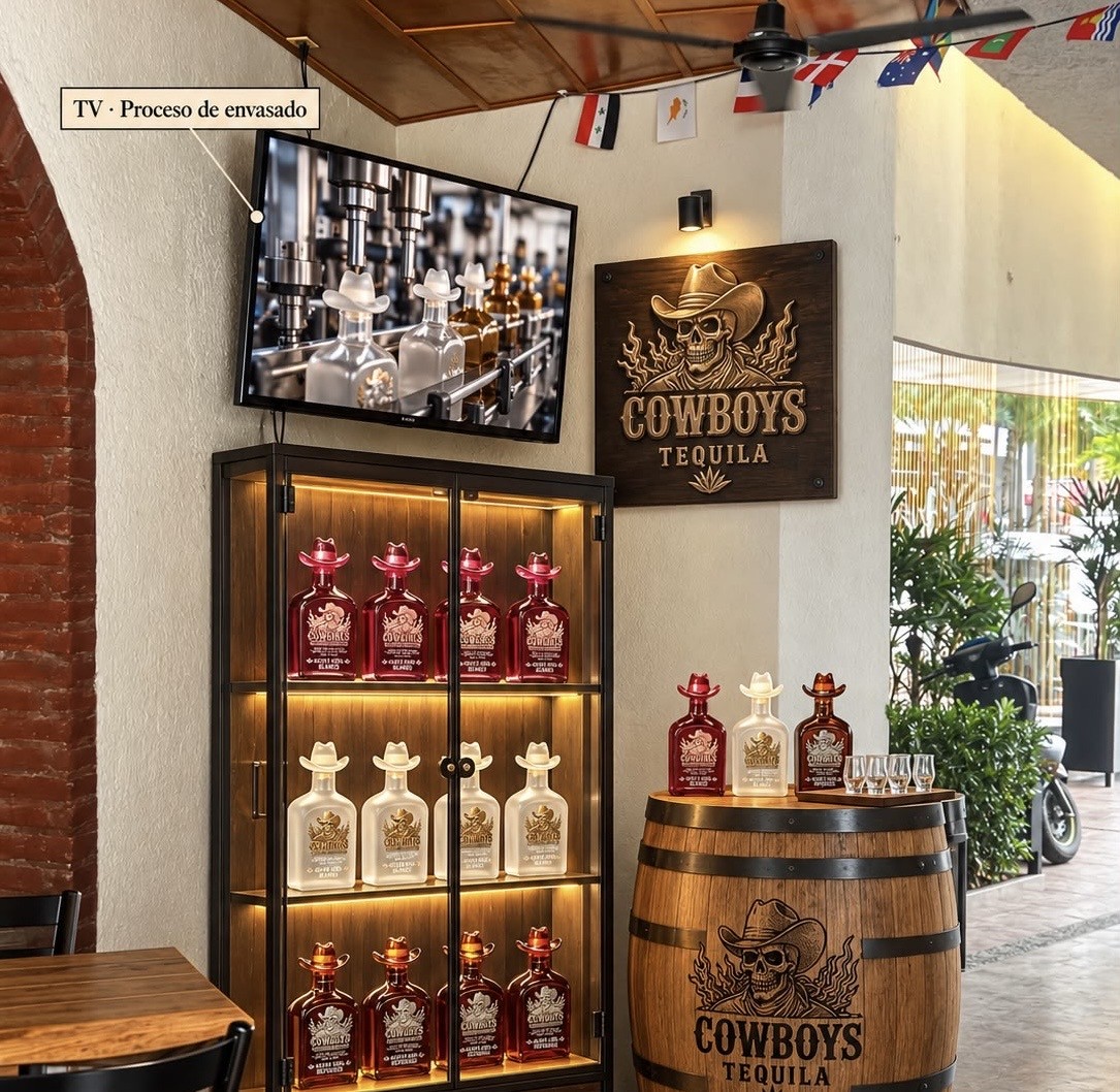 Three Cowboys Bootleggers tequila bottles on the bar at the Tateposco distillery